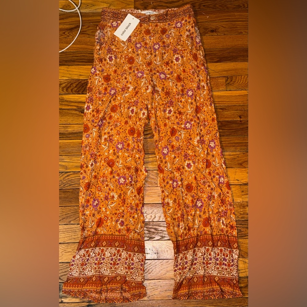 COLOR BLOCK Orange floral straight bootcut pants Medium M NWT